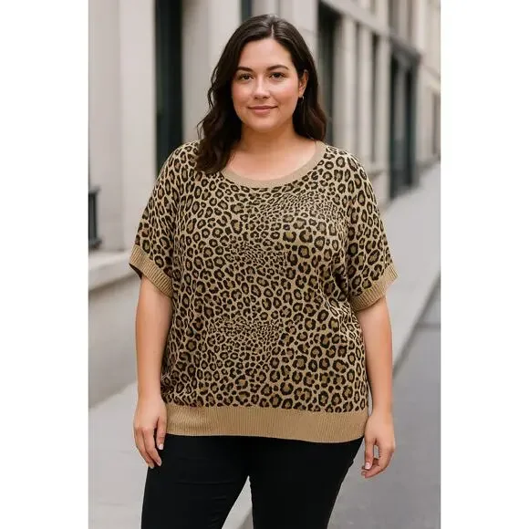 2/$30 Worthington Woman 1X Leopard Print Knit Top Women Plus Animal Pattern - Picture 1 of 11